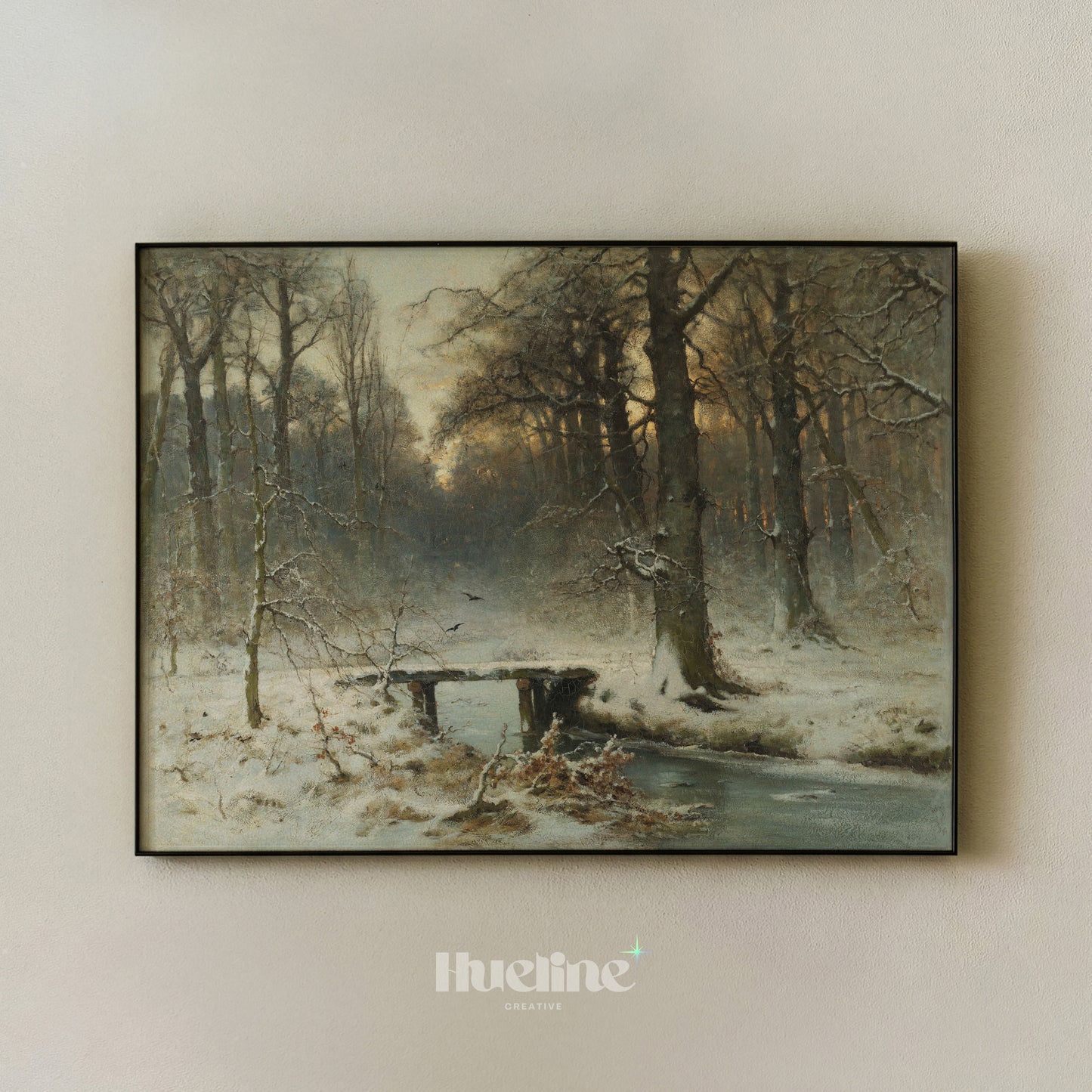 Vintage Winter Forest Painting, Snowy Landscape with Bridge, Moody Woods Wall Art - L1210
