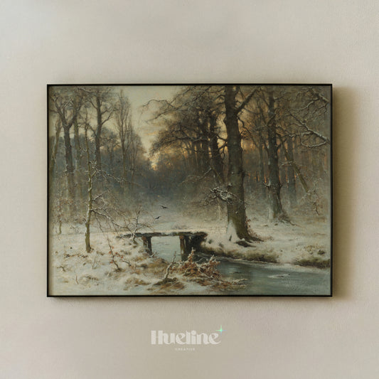 Vintage Winter Forest Painting, Snowy Landscape with Bridge, Moody Woods Wall Art - L1210