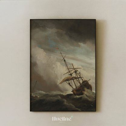 Vintage Stormy Sea Oil Painting, Sailing Ship in High Waves, Moody Maritime Art - L1205