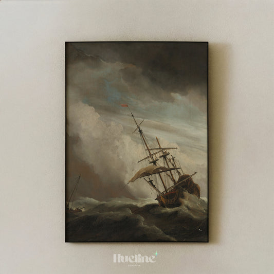 Vintage Stormy Sea Oil Painting, Sailing Ship in High Waves, Moody Maritime Art - L1205