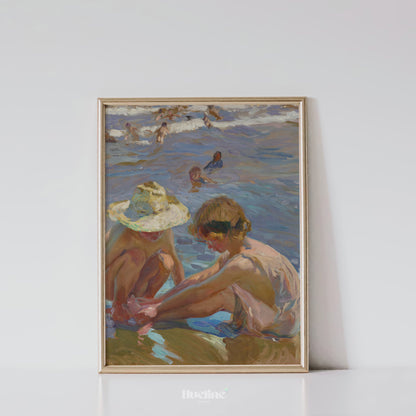 Vintage Beach Scene Art Print – Impressionist Painting of Children by the Sea – Sunlit Summer Wall Decor for Coastal and Nostalgic Interiors - L1051