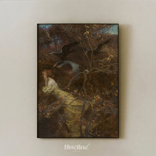 Vintage Woman and Crows Art Print, Dark Academia Decor, Moody Forest Fine Art - L1194