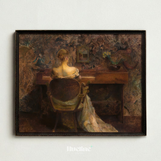 Vintage Woman Piano Art Print, Moody Dark Oil Painting, Music Room Wall Decor - L1191