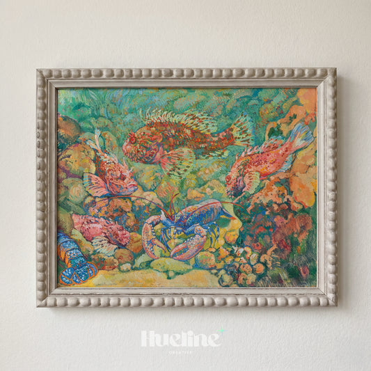 Vintage Impressionist Underwater Oil Painting, Colorful Lobster And Fish Reef Wall Decor Poster - L1246