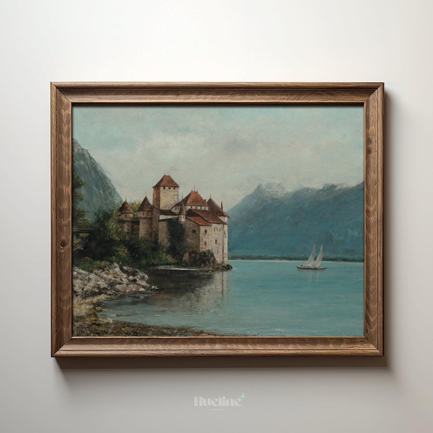 Vintage Castle Wall Art | Lake and Mountain Landscape Painting Print - L1108