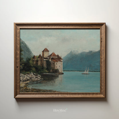 Vintage Castle Wall Art | Lake and Mountain Landscape Painting Print - L1108