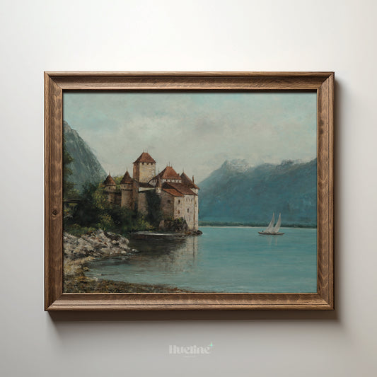 Vintage Castle Wall Art | Lake and Mountain Landscape Painting Print - L1108