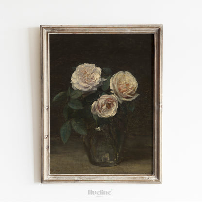 Vintage White Roses Art Print – Elegant Floral Still Life with Dark Background – Romantic Botanical Wall Decor for Classic Interiors - L1062