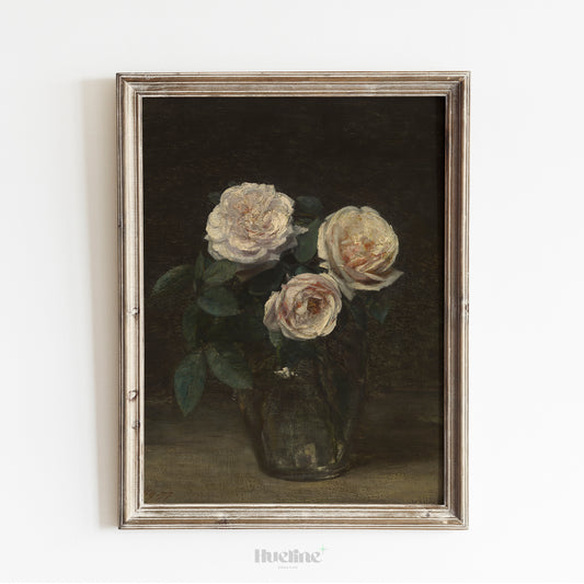 Vintage White Roses Art Print – Elegant Floral Still Life with Dark Background – Romantic Botanical Wall Decor for Classic Interiors - L1062