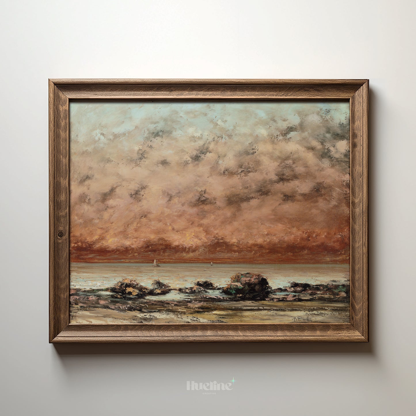 Vintage Moody Seascape Print, Antique Coastal Oil Painting Wall Art - L1156