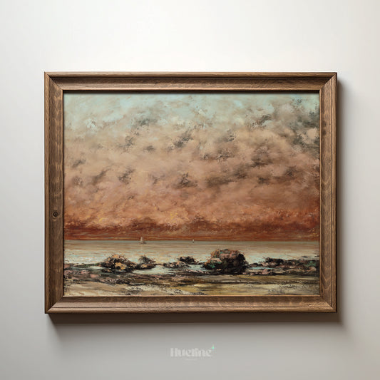Vintage Moody Seascape Print, Antique Coastal Oil Painting Wall Art - L1156