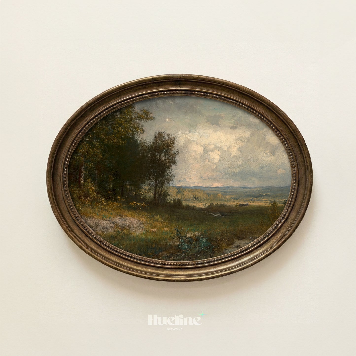 Vintage Countryside Landscape Wall Art, Moody Meadow Painting Print - L1182