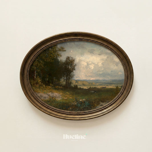 Vintage Countryside Landscape Wall Art, Moody Meadow Painting Print - L1182