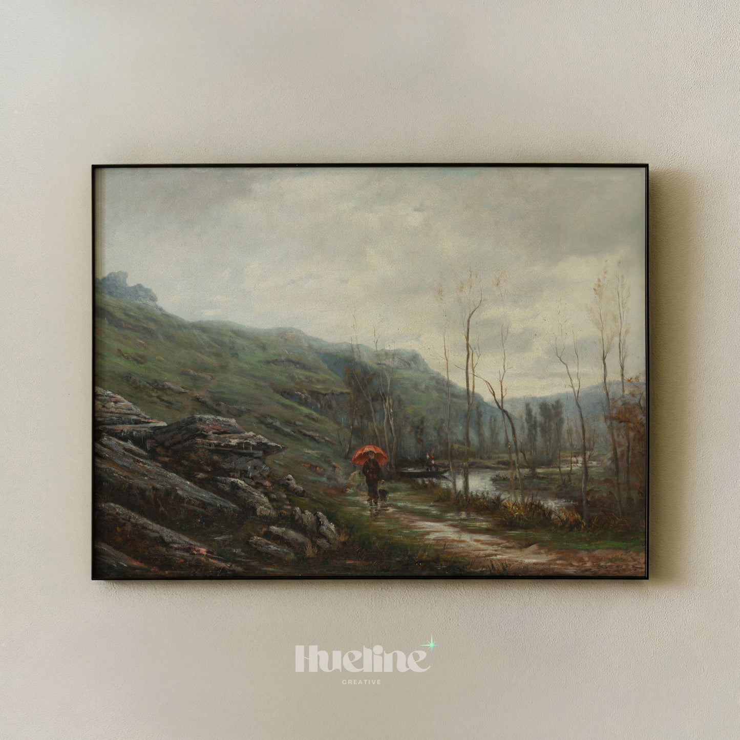 Vintage Landscape Wall Art, Red Umbrella Oil Painting Print, Moody River Scene - L1218