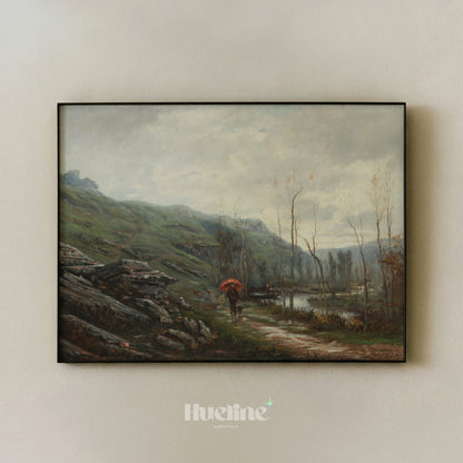 Vintage Landscape Wall Art, Red Umbrella Oil Painting Print, Moody River Scene - L1218