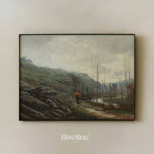 Vintage Landscape Wall Art, Red Umbrella Oil Painting Print, Moody River Scene - L1218