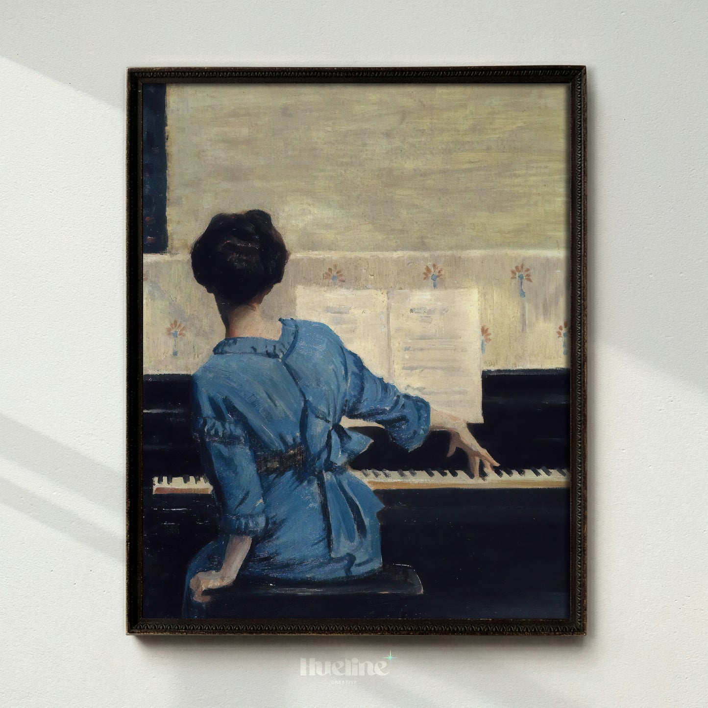 Woman at the Piano Print, Vintage Musician Wall Art, Lady in Blue Dress Painting - L1174