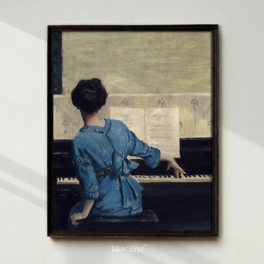 Woman at the Piano Print, Vintage Musician Wall Art, Lady in Blue Dress Painting - L1174
