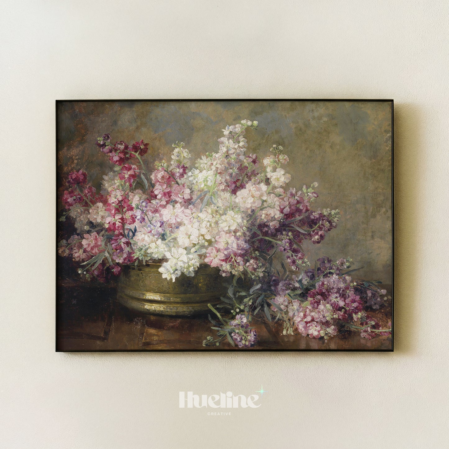 Vintage Floral Still Life, Moody Pink Purple Flower Painting, Antique Farmhouse Wall Art - L1223