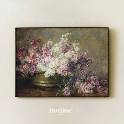 Vintage Floral Still Life, Moody Pink Purple Flower Painting, Antique Farmhouse Wall Art - L1223