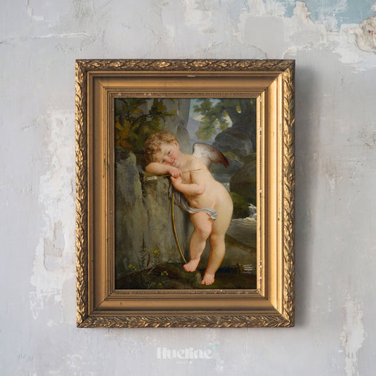 Vintage Cupid Art Print, Dark Academia Wall Decor, Classical Cherub Oil Painting - L1159