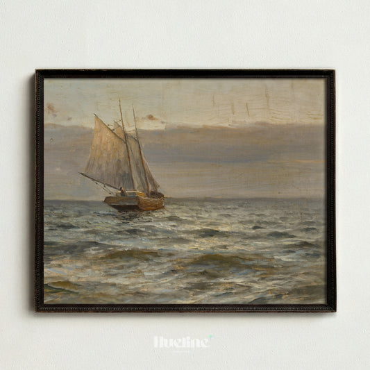 Vintage Sailboat Oil Painting, Antique Seascape Wall Decor, Moody Ocean Nautical Poster - L1180