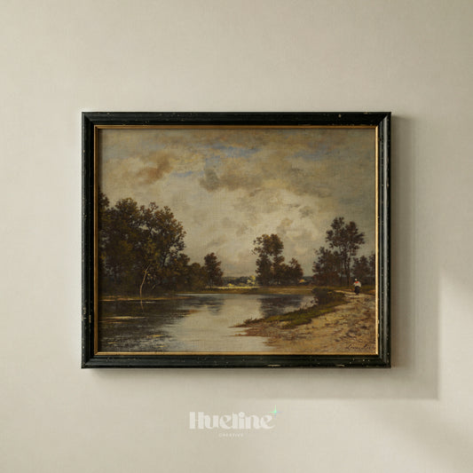 Vintage Landscape Wall Art, Moody River Oil Painting Print, Antique Farmhouse Decor - L1229
