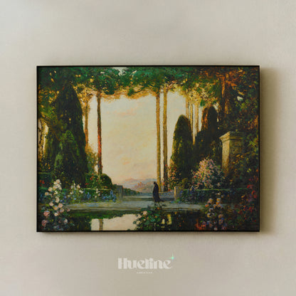 Vintage Enchanted Garden Oil Painting, Mystic Sunset Landscape, Antique Nature Art - L1212