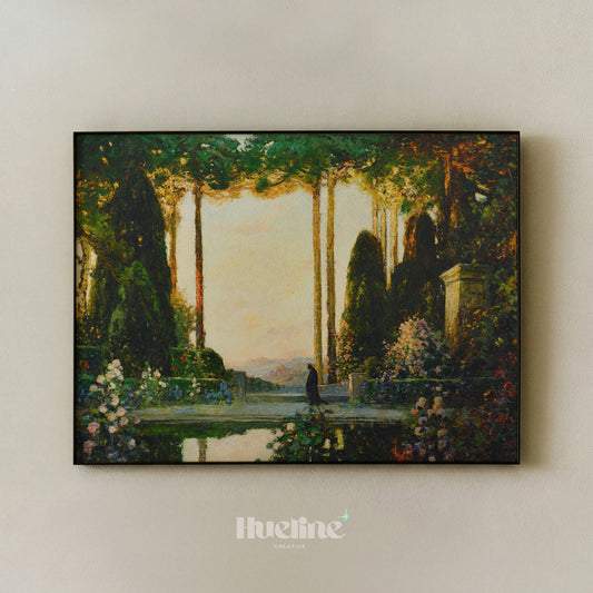 Vintage Enchanted Garden Oil Painting, Mystic Sunset Landscape, Antique Nature Art - L1212