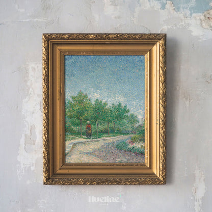 Pointillist Landscape Art Print – Tranquil Nature Scene with Trees and Walking Figure – Impressionist Wall Decor in Soft Pastel Tones - L1057