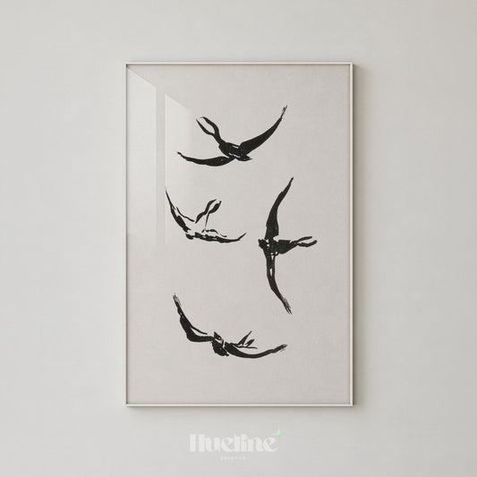 Vintage Minimalist Flying Birds Illustration, Black Ink Swallows Wall Decor Poster - L1254