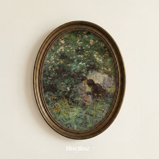 Romantic Garden Art Print, Vintage Couple Painting, Green Botanical Wall Art, Cottagecore Decor - L1262