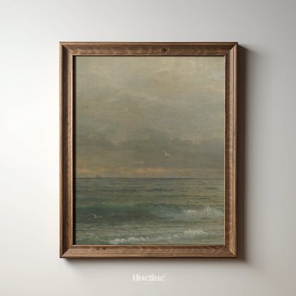 Vertical Seascape Wall Art, Vintage Ocean Print, Calm Coastal Horizon Poster - L1092