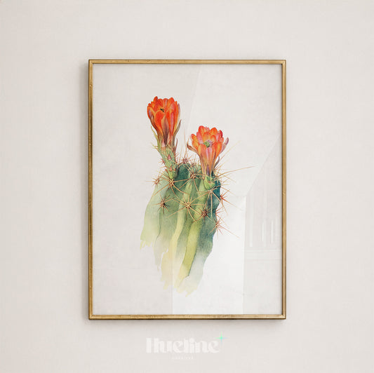 Vintage Cactus Bloom Botanical Watercolor, Antique Desert Succulent Wall Decor, Orange Flower Poster - L1242