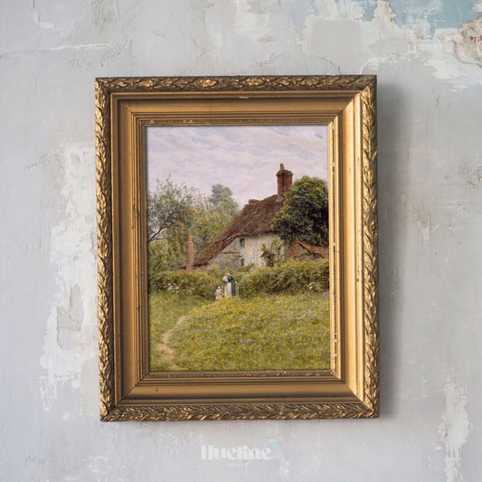 Vintage Cottage Landscape Art - English Countryside Painting in Gold Frame - Rustic Cottagecore Wall Decor - Pastoral Scene Artwork - L1027