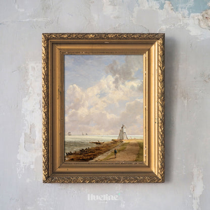Vintage Coastal Landscape Art Print – Peaceful Shoreline Scene with Sailboats and Lighthouse – Classic Wall Decor for Coastal or Cottage Interiors - L1037