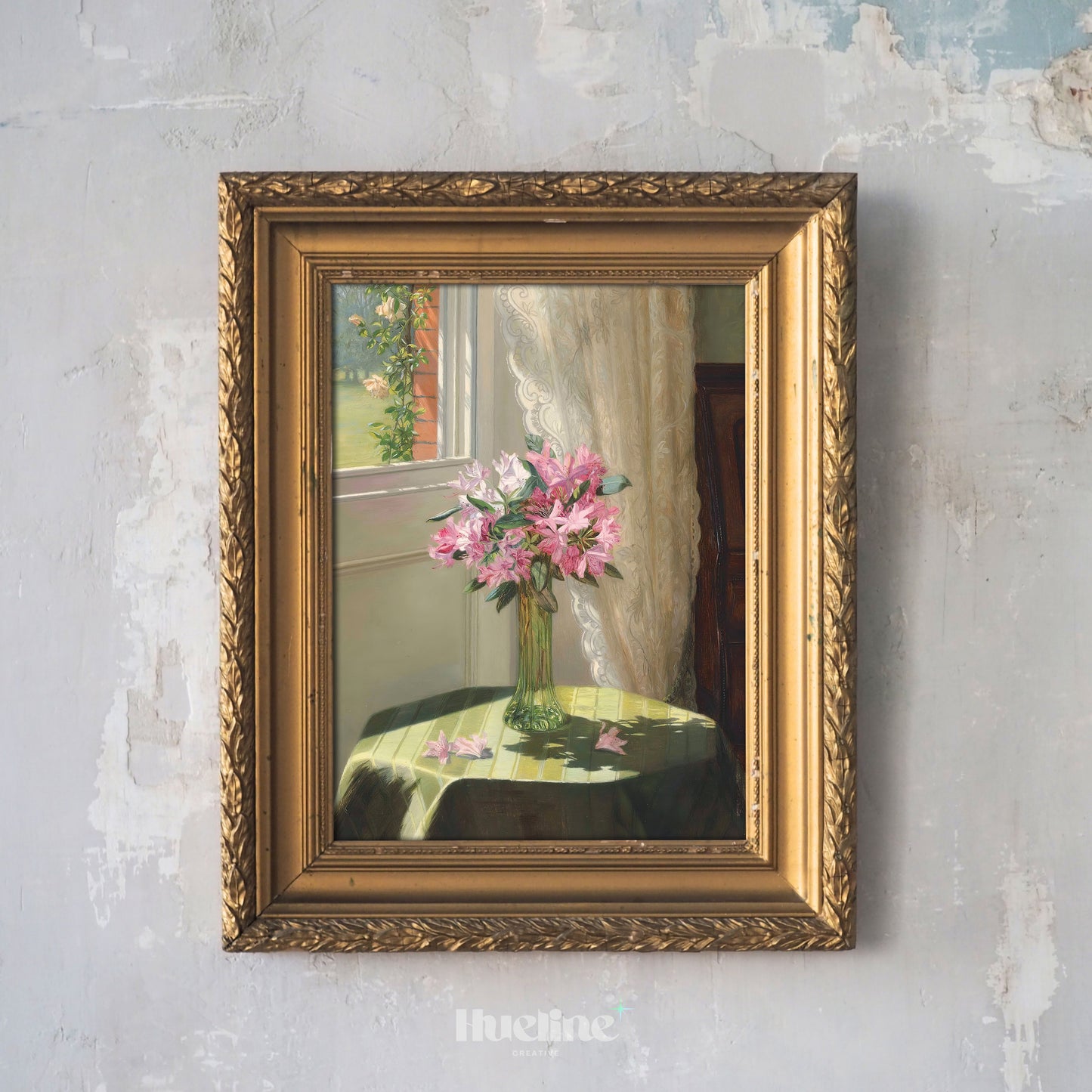 Sunlit Floral Still Life Art Print – Vintage Vase of Pink Flowers by Window – Romantic Cottagecore Wall Decor for Warm Interiors - L1050
