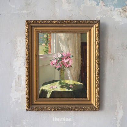 Sunlit Floral Still Life Art Print – Vintage Vase of Pink Flowers by Window – Romantic Cottagecore Wall Decor for Warm Interiors - L1050