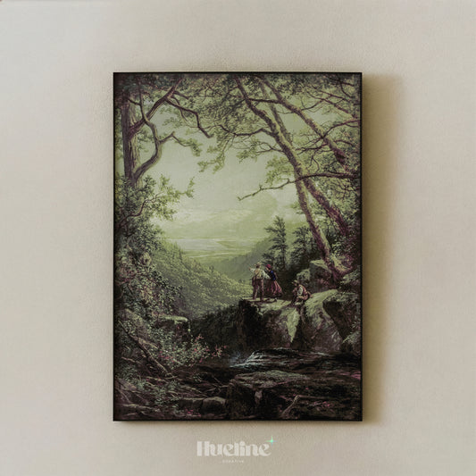 Vintage Forest Landscape, Couple Overlooking Misty Valley, Moody View, Antique Nature Wall Art - L1207