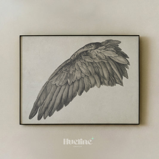 Vintage Right Angel Wing Sketch, Minimalist Bird Wing Art, Monochrome Pencil Drawing, Feather Wall Decor - L1199