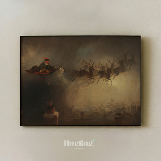 Vintage Santa Sleigh Art Print, Dark Christmas Painting, Reindeer Wall Art, Holiday Decor - L1264