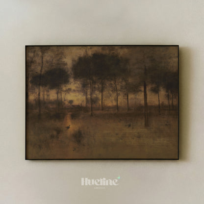 Moody Sunset Forest Oil Painting, Vintage Landscape, Golden Light Trees, Rustic Wall Art - L1203
