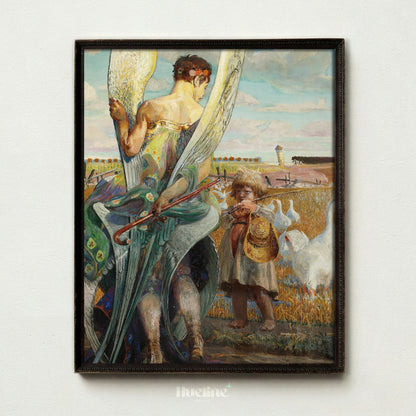Vintage Angel and Child Oil Painting Print, Guardian Angel Geese Landscape Wall Art - L1192