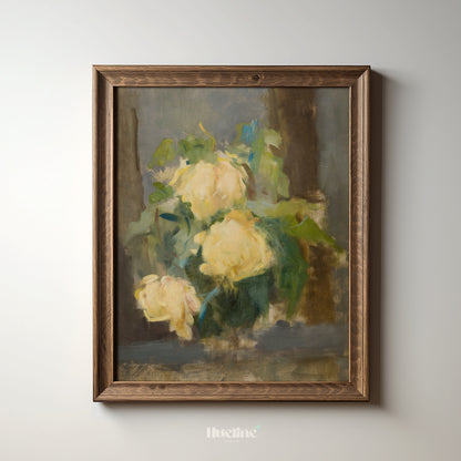 Vintage Yellow Rose Print, Antique Floral Still Life Wall Art, Rustic Cottagecore Flower Painting for Home Decor - L1082