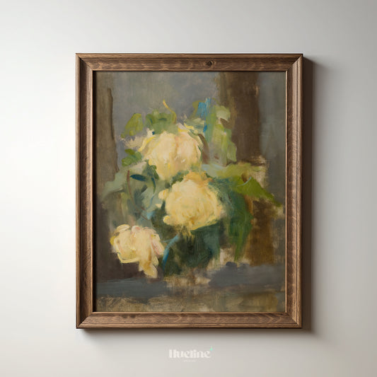 Vintage Yellow Rose Print, Antique Floral Still Life Wall Art, Rustic Cottagecore Flower Painting for Home Decor - L1082