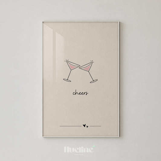 Minimalist Cheers Cocktail Print, Martini Glass Wall Art, Bar Cart Decor, Girly Poster - L1276