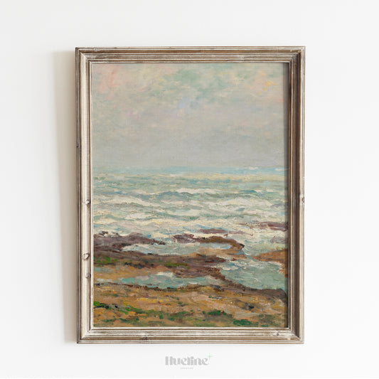 Coastal Impressionist Seascape Print, Vintage Ocean Wall Art, Soft Pastel Beach Painting - L1099