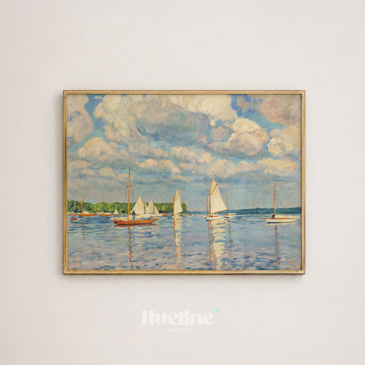 Vintage Sailboat Wall Art, Impressionist Seascape Painting, Coastal Beach House Decor Print - L1224