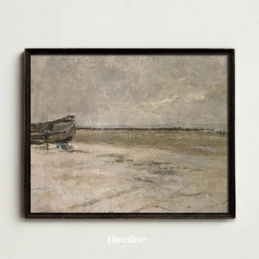 Vintage Moody Coastal Boat Print, Antique Grey Neutral Beach Painting, Minimalist Shoreline Wall Art Decor - L1169