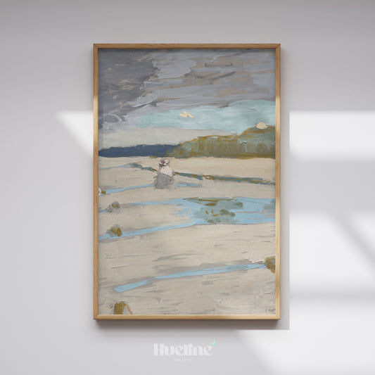 Vintage Abstract Beach Landscape Print, Muted Coastal Figure Painting, Grey Blue Sand Flat Style Decor - L1165